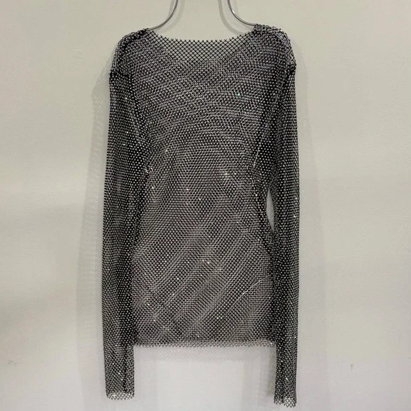 Free People Crystal Mesh Long Sleeve Black Top Shinny - Picture 3 of 9
